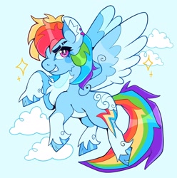 Size: 1904x1920 | Tagged: safe, artist:infinithiez, derpibooru import, rainbow dash, pegasus, pony, g4, alternate design, blue coat, blush sticker, blushing, cheek fluff, chest fluff, cloud, cloven hooves, coat markings, colored belly, colored ear fluff, colored hooves, colored pinnae, colored wings, colored wingtips, day, ear fluff, ear piercing, earring, ears, eyebrow slit, eyebrows, female, flying, in air, jewelry, long tail, looking back, mare, messy mane, messy tail, multicolored hair, multicolored mane, multicolored tail, narrowed eyes, pale belly, piercing, pink eyes, profile, rainbow hair, rainbow tail, redesign, shiny hoof, sky background, smiling, socks (coat marking), solo, spread wings, tail, thick eyelashes, two toned wings, unshorn fetlocks, wingding eyes, wings