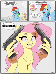 Size: 3000x4000 | Tagged: safe, artist:skitsroom, derpibooru import, fluttershy, rainbow dash, pegasus, pony, g4, may the best pet win, chest fluff, comic, creepy, creepy smile, desert eagle, dialogue, duo, eyebrows, eyebrows visible through hair, female, gray background, grin, gun, handgun, high res, mare, no trigger discipline, pistol, shrunken pupils, signature, simple background, smiling, speech bubble, spread legs, spread wings, spreading, starry eyes, weapon, wing hands, wingding eyes, wings