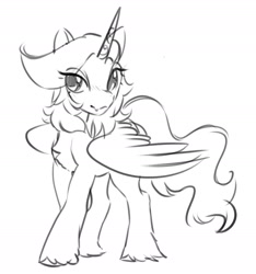 Size: 1832x1958 | Tagged: safe, artist:opalacorn, derpibooru import, oc, oc only, alicorn, pony, alicorn oc, eye clipping through hair, female, grayscale, horn, mare, monochrome, simple background, sketch, smiling, solo, unshorn fetlocks, white background, wings