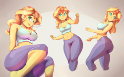Size: 4181x2584 | Tagged: safe, artist:asapphiere, artist:azuretto, artist:irizen, derpibooru import, sunset shimmer, human, equestria girls, g4, ass, barefoot, belly button, breasts, bunset shimmer, butt, feet, female, high res, looking at you, midriff, smiling, smiling at you, solo, sunset jiggler