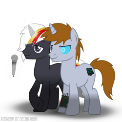 Size: 3600x3600 | Tagged: safe, artist:ramixe dash, derpibooru import, oc, oc only, oc:littlepip, oc:velvet remedy, pony, unicorn, fallout equestria, g4, duo, glowing, glowing horn, horn, male, microphone, rule 63, simple background, stallion, text, transparent background