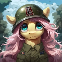 Size: 4096x4096 | Tagged: safe, ai content, derpibooru import, generator:purplesmart.ai, generator:stable diffusion, machine learning generated, fluttershy, pegasus, pony, absurd resolution, army helmet, clothes, cloud, flowing mane, helmet, outdoors, prompter:enterusxrname, solo, thousand yard stare, tree, upscaled