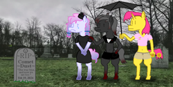 Size: 1568x792 | Tagged: safe, derpibooru import, oc, oc:blood stain, oc:comet dust, oc:heavy weather, oc:twister pop, anthro, unguligrade anthro, 1000 hours in ms paint, clothes, crying, dress, frown, gravestone, graveyard, hand in pocket, hand on shoulder, hat, polo shirt, sad, shirt, shorts, t-shirt, umbrella