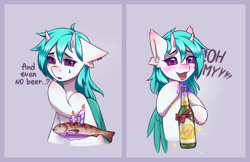 Size: 2850x1850 | Tagged: safe, artist:moewwur, artist:rin-mandarin, derpibooru import, oc, oc only, oc:rainbow rivey, fish, pegasus, alcohol, beer, birthday, birthday cake, blue mane, bow, cake, drink, food, grammar error, horns, light skin, male, one eye closed, pegasus oc, purple eyes, solo, stallion, wings, wink