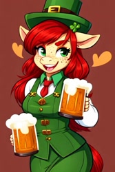 Size: 553x829 | Tagged: safe, ai content, derpibooru import, generator:stable diffusion, machine learning generated, oc, anthro, pony, alcohol, beer, clover, female, four leaf clover, holiday, leprechaun, prompter:chillyhooves, saint patrick's day, solo