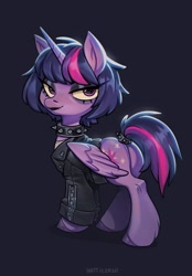 Size: 1422x2048 | Tagged: safe, artist:hattiezazu, derpibooru import, twilight sparkle, twilight sparkle (alicorn), alicorn, pony, g4, alternate hairstyle, butt, choker, chokertwi, clothes, collar, dark background, female, mare, plot, punk, punklight sparkle, solo, spiked choker, spiked collar, tail collar, twibutt