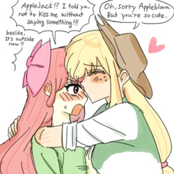 Size: 2000x2000 | Tagged: safe, artist:meowjuice_, derpibooru import, apple bloom, applejack, human, equestria girls, g4, apple sisters, blushing, eyes closed, female, heart, kissing, sibling love, siblings, simple background, sisterly love, sisters, speech bubble, sweat, sweatdrop, text, white background