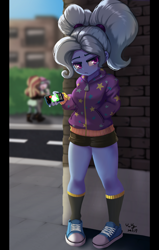 Size: 634x1000 | Tagged: safe, artist:the-park, derpibooru import, starlight glimmer, sunset shimmer, trixie, equestria girls, g4, alternate hairstyle, babysitter trixie, building, cellphone, clothes, gameloft, hoodie, my little pony: magic princess, phone, sad, shorts, standing, street, wall