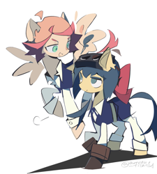 Size: 1653x1836 | Tagged: safe, artist:arrcticc_fish, derpibooru import, earth pony, pegasus, pony, amanda o'neill, bow, clothes, constanze amalie von braunschbank-albrechtsberger, crossover, female, goggles, goggles on head, hair bow, little witch academia, mare
