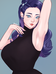 Size: 1800x2400 | Tagged: safe, artist:suracao, derpibooru import, rarity, human, alternate hairstyle, armpits, big breasts, breasts, clothes, ear piercing, earring, eyeshadow, female, humanized, jewelry, makeup, piercing, raritits, sleeveless, sleeveless sweater, solo, sweater
