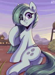 Size: 3500x4700 | Tagged: safe, artist:shadowreindeer, derpibooru import, marble pie, earth pony, pony, g4, boulder, boulder (g4), butt, dock, eye clipping through hair, female, mare, plot, rear view, signature, solo, tail