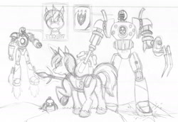 Size: 1866x1287 | Tagged: safe, artist:dingopatagonico, derpibooru import, shining armor, unicorn, horn, marvel, sentinel, sketch, solo, traditional art, x-men