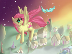 Size: 1600x1200 | Tagged: safe, artist:squid-cult, derpibooru import, fluttershy, bird, pegasus, g4, flying, river, stars, tree, water