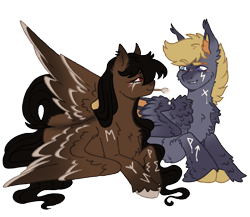 Size: 1106x961 | Tagged: safe, artist:kazmuun, derpibooru import, bat pony, pegasus, pony, body writing, chest fluff, commission, cute, duo, duo male and female, ear fluff, ear piercing, earring, ears, eyeshadow, fangs, female, grin, heterochromia, jewelry, leg fluff, looking at each other, looking at someone, lying down, makeup, male, mare, momenta typhoon, mouth hold, paint, painting, piercing, prone, redesign, runes, sailor moon (series), sailor pluto, ship:stormenta, simple background, smiling, species swap, stallion, stormfeather, straight, tattoo, transparent background, unshorn fetlocks