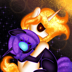 Size: 1280x1280 | Tagged: oc name needed, safe, artist:ladylullabystar, derpibooru import, oc, oc only, oc:lady lullaby star, pony, unicorn, blue sclera, dark sclera, duo, duo male and female, female, fiery hair, fiery mane, fiery tail, glare, horn, hug, looking at you, male, mare, not daybreaker, not nightmare moon, not nyx, purple eyelashes, shrunken pupils, sparkly mane, sparkly tail, stallion, tail, wingless