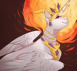 Size: 2551x2350 | Tagged: safe, artist:pixelberrry, derpibooru import, nightmare star, alicorn, pony, g4, crown, ear fluff, ears, female, fire, horns, jewelry, mane of fire, mare, regalia, solo, wing fluff, wings