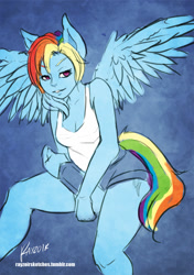 Size: 761x1080 | Tagged: safe, artist:rayzor-sharp, derpibooru import, rainbow dash, anthro, pegasus, g4, blue background, signature, simple background