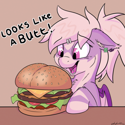 Size: 4133x4133 | Tagged: safe, artist:whyvernad, derpibooru import, oc, oc only, oc:midnight flight, bat pony, pony, bat pony oc, burger, butt, ear piercing, earring, fangs, food, innuendo, jewelry, kitchen eyes, open mouth, open smile, piercing, simple background, slit eyes, smiling, solo, tongue piercing