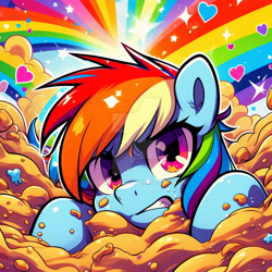 Size: 800x800 | Tagged: safe, ai content, derpibooru import, machine learning generated, rainbow dash, buried, deviantart watermark, gritted teeth, heart, narrowed eyes, obtrusive watermark, prompter:luffy8912, quicksand, rainbow, sand, shiny, sinking, struggling, stuck, teeth, watermark