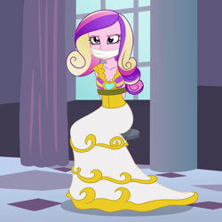 Size: 2000x2000 | Tagged: safe, artist:nie-martw-sie-o-mnie, derpibooru import, princess cadance, queen chrysalis, human, a canterlot wedding, equestria girls, g4, bondage, bound and gagged, bride, cloth gag, clothes, disguise, disguised changeling, dress, gag, gown, rope, rope bondage, sitting, stool, wedding dress