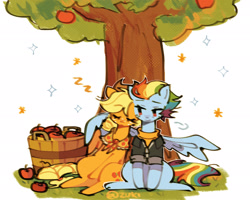 Size: 2048x1637 | Tagged: safe, artist:zuki, derpibooru import, applejack, rainbow dash, earth pony, pegasus, pony, g4, apple, apple tree, appledash, basket, clothes, cowboy hat, duo, duo female, female, food, granny smith's shawl, grass, hat, hug, lesbian, mare, older, older applejack, older rainbow dash, onomatopoeia, scarf, shipping, sitting, sleeping, spread wings, stetson, tree, winghug, wings