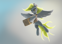 Size: 2538x1794 | Tagged: safe, artist:odooee, derpibooru import, derpy hooves, pegasus, pony, cute, derpabetes, female, flying, high res, mailmare, mailmare uniform, mare, package, solo, underp