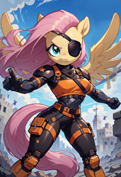 Size: 1664x2432 | Tagged: safe, ai content, derpibooru import, generator:pony diffusion v6 xl, generator:stable diffusion, machine learning generated, fluttershy, anthro, pegasus, robot, unguligrade anthro, g4, action pose, android, breasts, cyberpunk, eyepatch, female, flutterbot, hootershy, looking at you, military, prompter:foylertf, roboticization, ruins, science fiction, solo, solo female, spread wings, wings