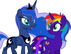 Size: 1765x1338 | Tagged: safe, artist:star-armour95, derpibooru import, princess luna, oc, oc:rainbow flower, alicorn, pony, unicorn, g4, concave belly, duo, female, folded wings, height difference, horn, physique difference, simple background, slender, thin, transparent background, wings
