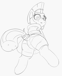 Size: 2413x2955 | Tagged: safe, artist:pabbley, derpibooru import, earth pony, pony, black and white, butt, dock, female, grayscale, guard armor, guardsmare, looking at you, looking back, looking back at you, low angle, mare, monochrome, plot, rear view, royal guard, simple background, sketch, solo, tail, white background