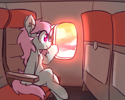 Size: 1807x1454 | Tagged: safe, artist:rivibaes, derpibooru import, oc, oc:scoops, unicorn, earbuds, female, horn, looking out the window, mare, plane, sitting, solo, window