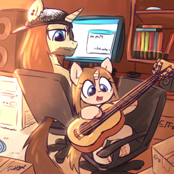 Size: 2200x2200 | Tagged: safe, artist:rivibaes, derpibooru import, oc, oc only, pony, unicorn, baseball cap, box, cap, chair, computer, facial hair, father and child, father and daughter, female, filly, foal, freckles, guitar, hat, high res, horn, male, musical instrument, parent and child, stallion