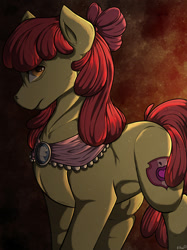 Size: 1280x1707 | Tagged: safe, artist:binibean, derpibooru import, apple bloom, earth pony, pony, abstract background, clothes, dramatic lighting, female, goldie delicious' shawl, looking at you, mare, older, older apple bloom, profile, shawl, signature, solo