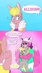 Size: 1798x3072 | Tagged: safe, artist:drfoxweyman, derpibooru import, derpy hooves, anthro, fox, pegasus, pony, rabbit, 2 panel comic, allison (slarpg), animal, clothes, comic, dialogue, holding a pony, melody (slarpg), question mark, shirt, skirt, slarpg, sparkles, sweat, sweatdrop, tail, tail wag, text, wings