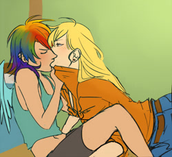 Size: 600x550 | Tagged: safe, artist:schpog, derpibooru import, applejack, rainbow dash, human, g4, appledash, female, grabbing, humanized, kissing, lesbian, shipping