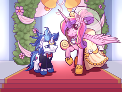 Size: 2048x1536 | Tagged: safe, artist:candy meow, derpibooru import, princess cadance, shining armor, alicorn, pony, unicorn, g4, canterlot castle, clothes, cute, cutedance, dress, duo, female, horn, jewelry, male, mare, marriage, meme, messy mane, ring, stallion, the bride and the ugly ass groom, toy interpretation, wedding, wedding dress, wedding ring