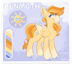 Size: 1857x1686 | Tagged: safe, artist:ezzerie, derpibooru import, oc, oc only, oc:sunmoth, butterfly, pegasus, pony, chest fluff, concave belly, female, mare, redesign, reference sheet, solo, sun