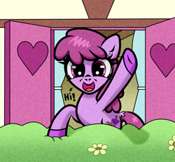 Size: 1300x1200 | Tagged: safe, artist:scandianon, derpibooru import, berry punch, berryshine, earth pony, g4, bush, curtains, female, flower, house, looking at you, mare, open mouth, open smile, outdoors, smiling, smiling at you, solo, talking to viewer, waving, window