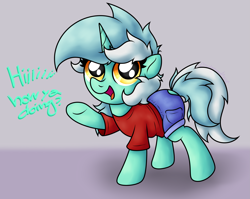 Size: 2851x2274 | Tagged: safe, artist:background basset, derpibooru import, lyra heartstrings, pony, unicorn, g4, clothes, cute, dialogue, female, gradient background, horn, looking at you, lyrabetes, mare, open mouth, shirt, shorts, simple background, solo, t-shirt, talking to viewer, text, waving, waving at you