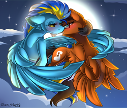 Size: 2451x2100 | Tagged: safe, alternate version, artist:yuris, derpibooru import, oc, oc only, oc:dasher, oc:slipstream, pegasus, pony, alternate character, blushing, clothes, ears back, ears up, female, flying, full moon, glasses, imminent kissing, lesbian, moon, night, shipping, sky