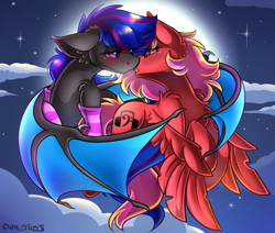 Size: 2451x2080 | Tagged: safe, alternate version, artist:yuris, derpibooru import, oc, oc only, oc:ebony rose, oc:echo breeze, bat pony, pegasus, pony, alternate character, blushing, clothes, ears back, ears up, female, flying, full moon, imminent kissing, lesbian, moon, night, shipping, sky, socks