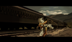 Size: 2725x1588 | Tagged: safe, artist:brainr0tter, derpibooru import, applejack, earth pony, pony, g4, lasso, rope, solo, train