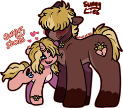 Size: 1960x1736 | Tagged: safe, artist:sexygoatgod, derpibooru import, oc, oc only, oc:sunny lies, oc:sunny shores, unicorn, age difference, bracelet, brother and sister, female, hidden horn, horn, horn ring, jewelry, male, mare, necklace, ring, siblings, silly, simple background, stallion, transparent background
