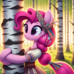 Size: 1024x1024 | Tagged: safe, ai content, derpibooru import, machine learning generated, pinkie pie, earth pony, pony, semi-anthro, g4, birch tree, clothes, female, forest, hug, mare, nature, slavic, solo, tree