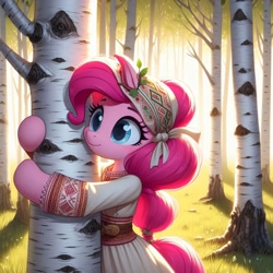 Size: 1024x1024 | Tagged: safe, ai content, derpibooru import, machine learning generated, pinkie pie, earth pony, pony, semi-anthro, g4, birch tree, clothes, female, forest, hug, mare, nature, slavic, solo, tree