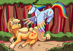 Size: 1063x752 | Tagged: safe, artist:timelapse11, derpibooru import, applejack, rainbow dash, earth pony, pegasus, pony, g4, appledash, coat markings, colored hooves, colored wings, dappled, duo, female, flying, forest, lesbian, looking at each other, looking at someone, mare, multicolored wings, nature, rainbow wings, redesign, running, shipping, smiling, tree, unshorn fetlocks, wings