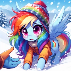 Size: 1024x1024 | Tagged: safe, ai content, derpibooru import, generator:dall-e 3, machine learning generated, rainbow dash, g4, beanie, blushing, hand, hat, missing finger, prompter needed, snow, spread wings, wings