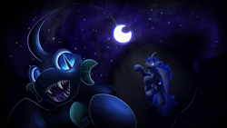 Size: 3840x2160 | Tagged: safe, artist:gosha305, derpibooru import, nightmare moon, princess luna, alicorn, angler fish, fish, pony, seapony (g4), g4, angler seapony, bioluminescent, blue mane, blue tail, bubble, cheek fluff, curved horn, digital art, duo, ear fluff, ears, ethereal mane, ethereal tail, fangs, female, fins, flowing mane, flowing tail, full body, glowing, glowing eyes, high res, horn, looking at each other, looking at someone, lure, mare, moon, moonlight, ocean, open mouth, open smile, scales, seafloor, seaponified, seapony luna, slit eyes, smiling, species swap, spread wings, starry mane, stars, swimming, tail, teeth, underwater, water, wings