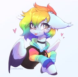 Size: 3200x3150 | Tagged: safe, artist:avroras_world, derpibooru import, oc, oc only, oc:virya, pegasus, pony, bust, choker, clothes, ears, female, floating heart, floppy ears, freckles, gradient background, heart, hoodie, mare, multicolored hair, not rainbow dash, rainbow hair, solo, tongue, tongue out