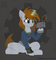 Size: 1126x1200 | Tagged: safe, artist:airfly-pony, derpibooru import, oc, oc only, oc:littlepip, pony, unicorn, fallout equestria, 2021, brown mane, clothes, digitally colored, fallout, female, gears, gray background, green eyes, horn, jumpsuit, light skin, looking at something, magic, magic aura, pipboy, pipbuck, screwdriver, simple background, sitting, solo, stable (vault), toaster, toaster repair pony, traditional art, uniform, vault suit