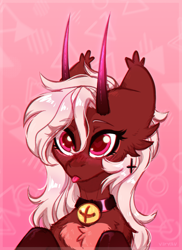 Size: 2528x3472 | Tagged: safe, artist:viryav, derpibooru import, oc, oc only, oc:cherry chokoreto, demon, demon pony, pony, bell, bell collar, blushing, collar, cute, ear piercing, earring, female, fluffy, horns, jewelry, mare, piercing, pony oc, solo, tongue, tongue out